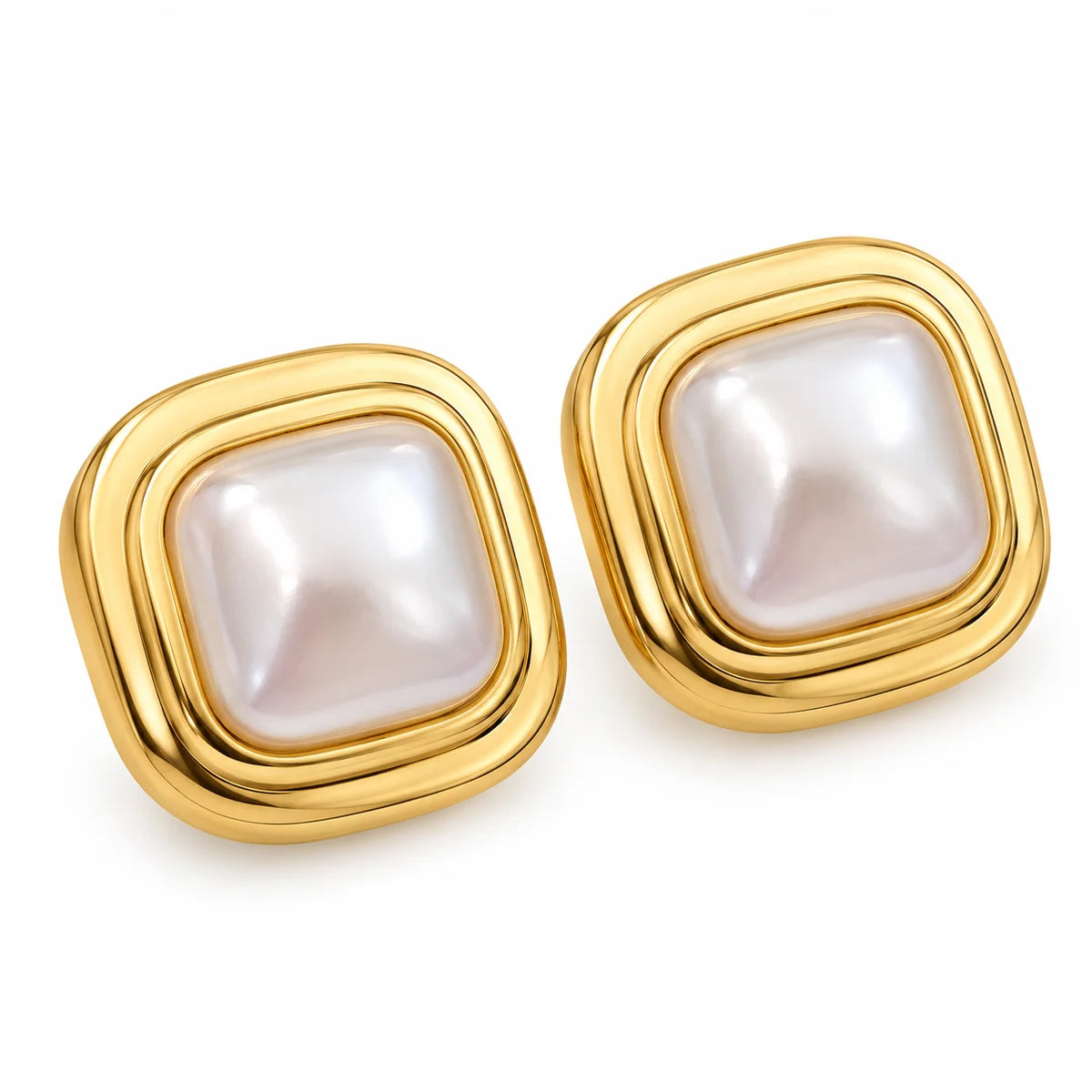 Gold Square Pearl Stud Earrings