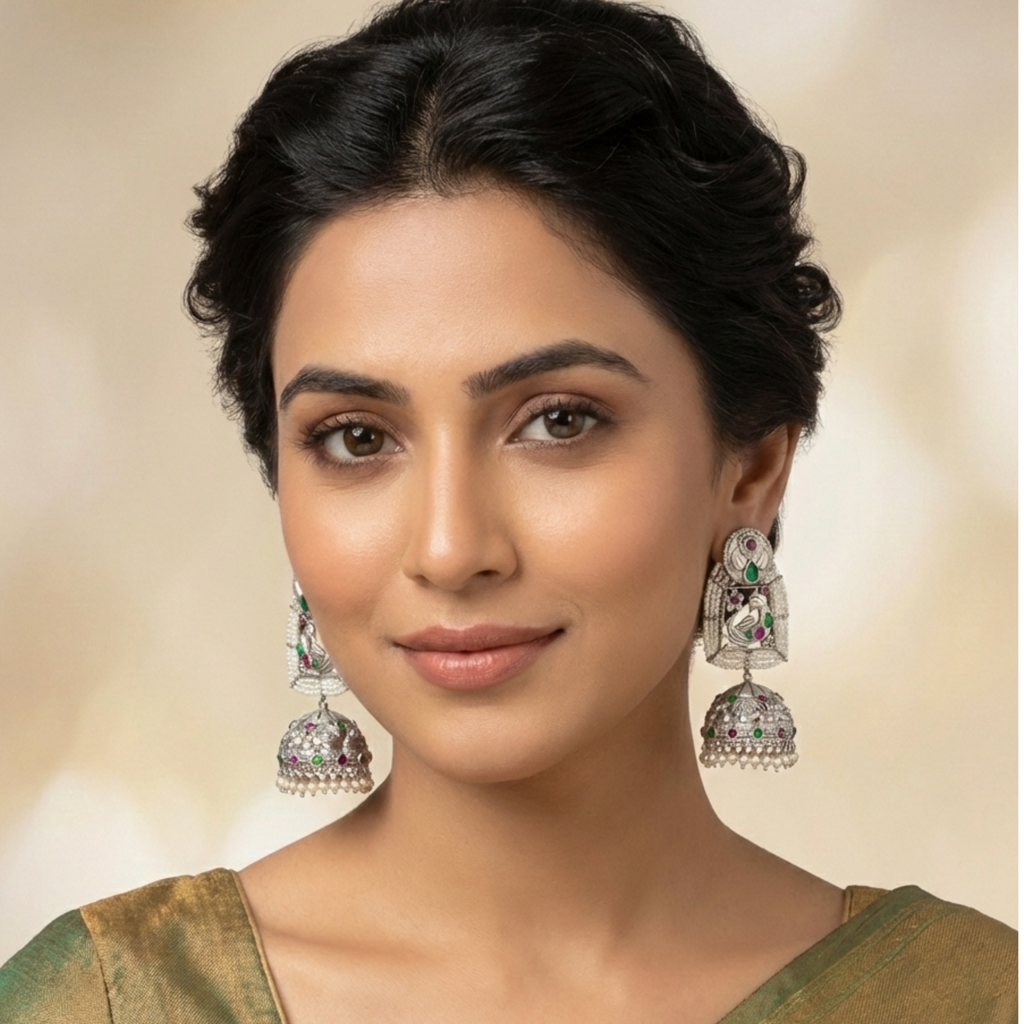 Peacock Jhumkas with Pearl Beads