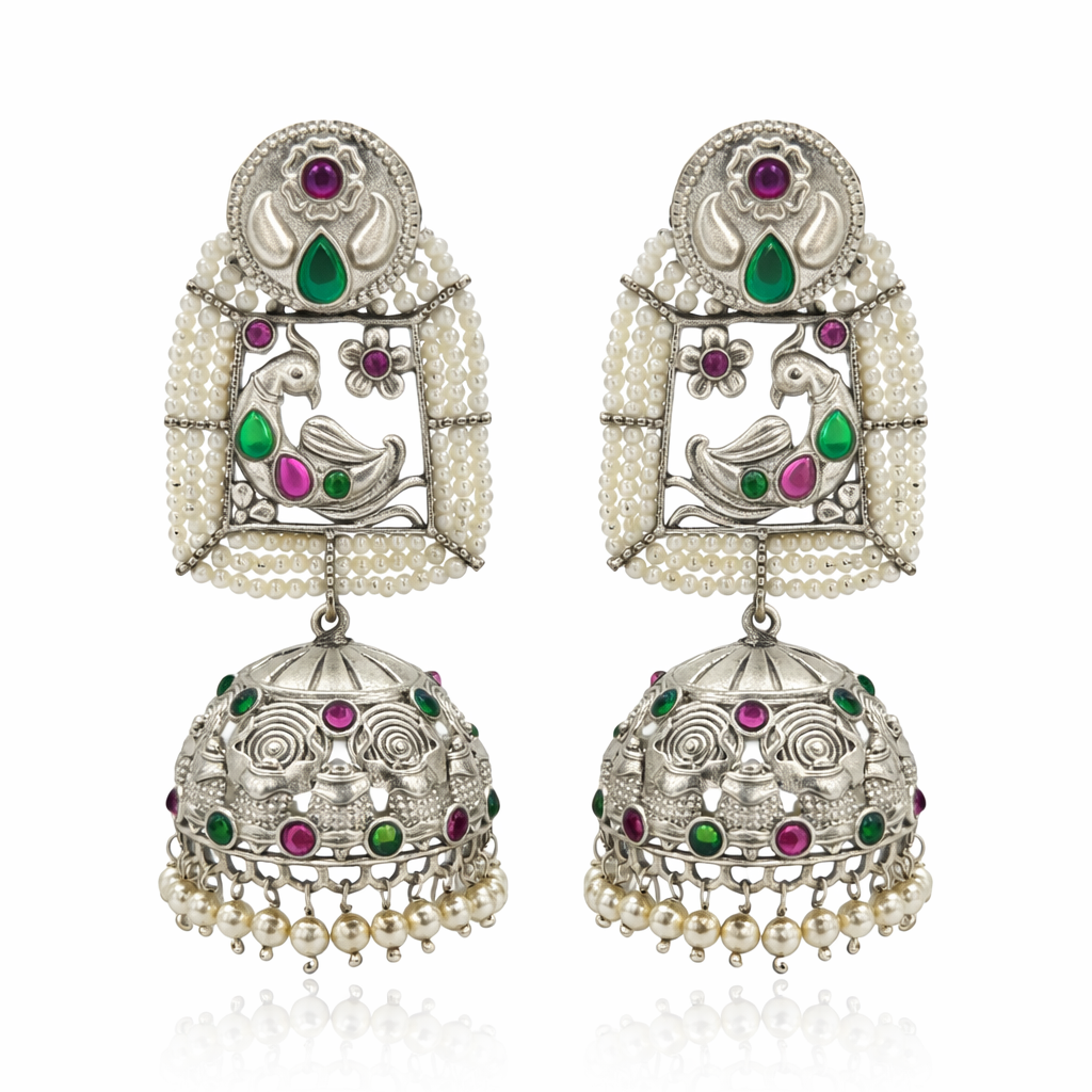 Peacock Jhumkas with Pearl Beads
