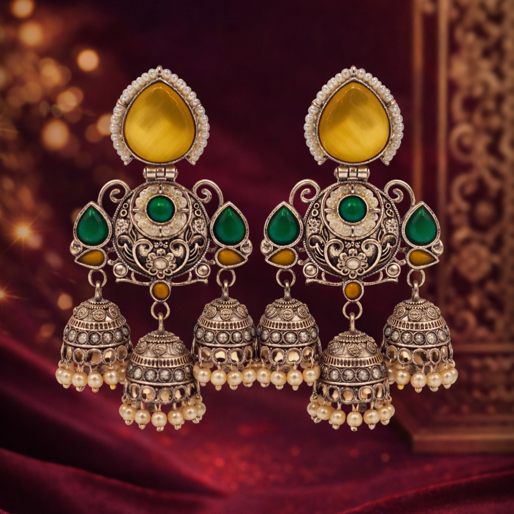 Multi Jhumka Earrings with Yellow & Green Stones