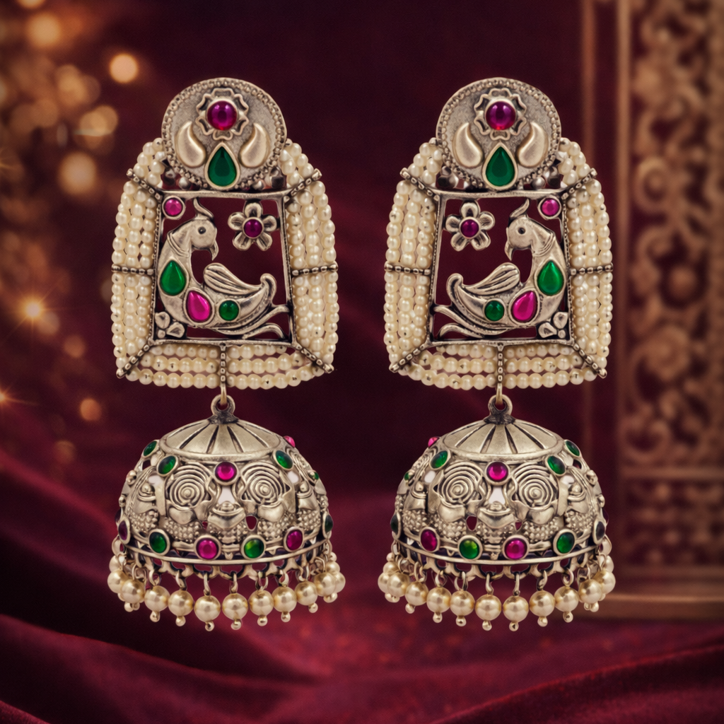 Peacock Jhumkas with Pearl Beads