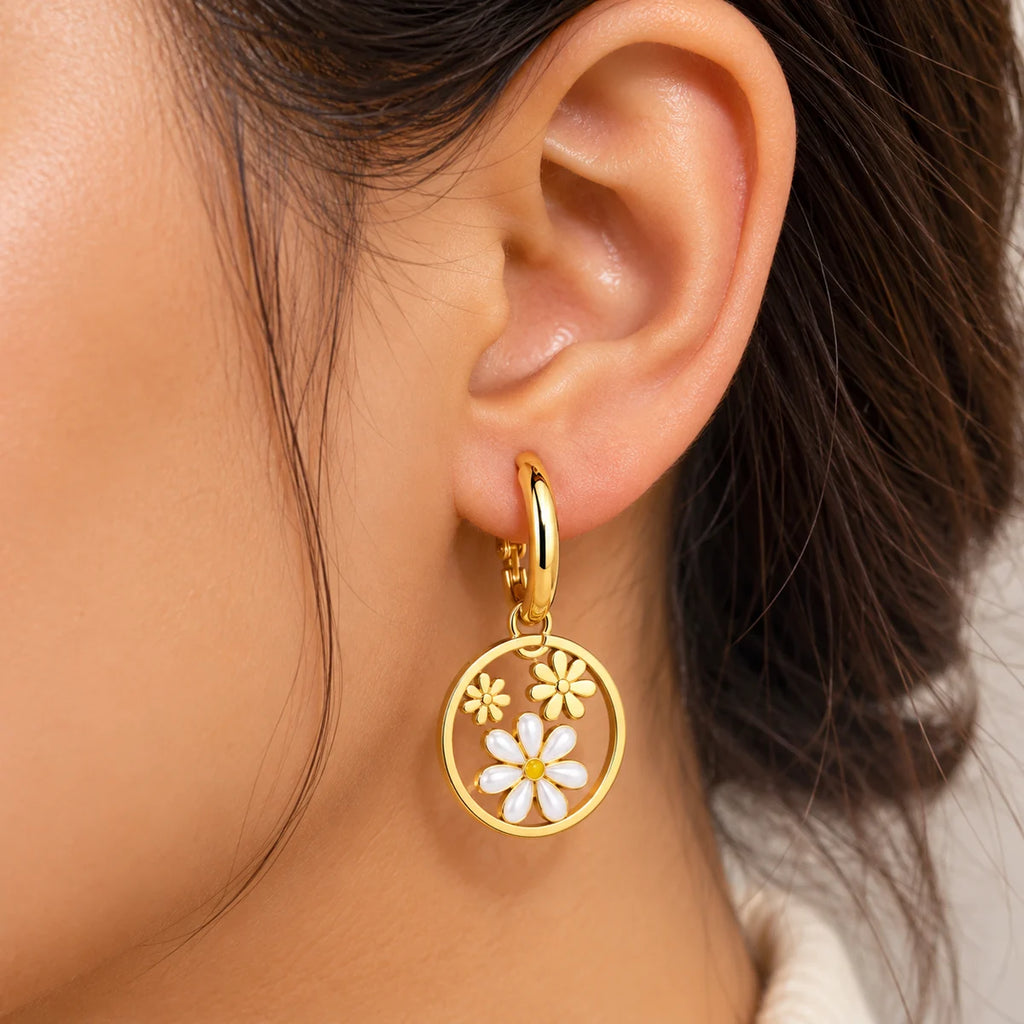 Gold Floral Pearl Hoop Earrings