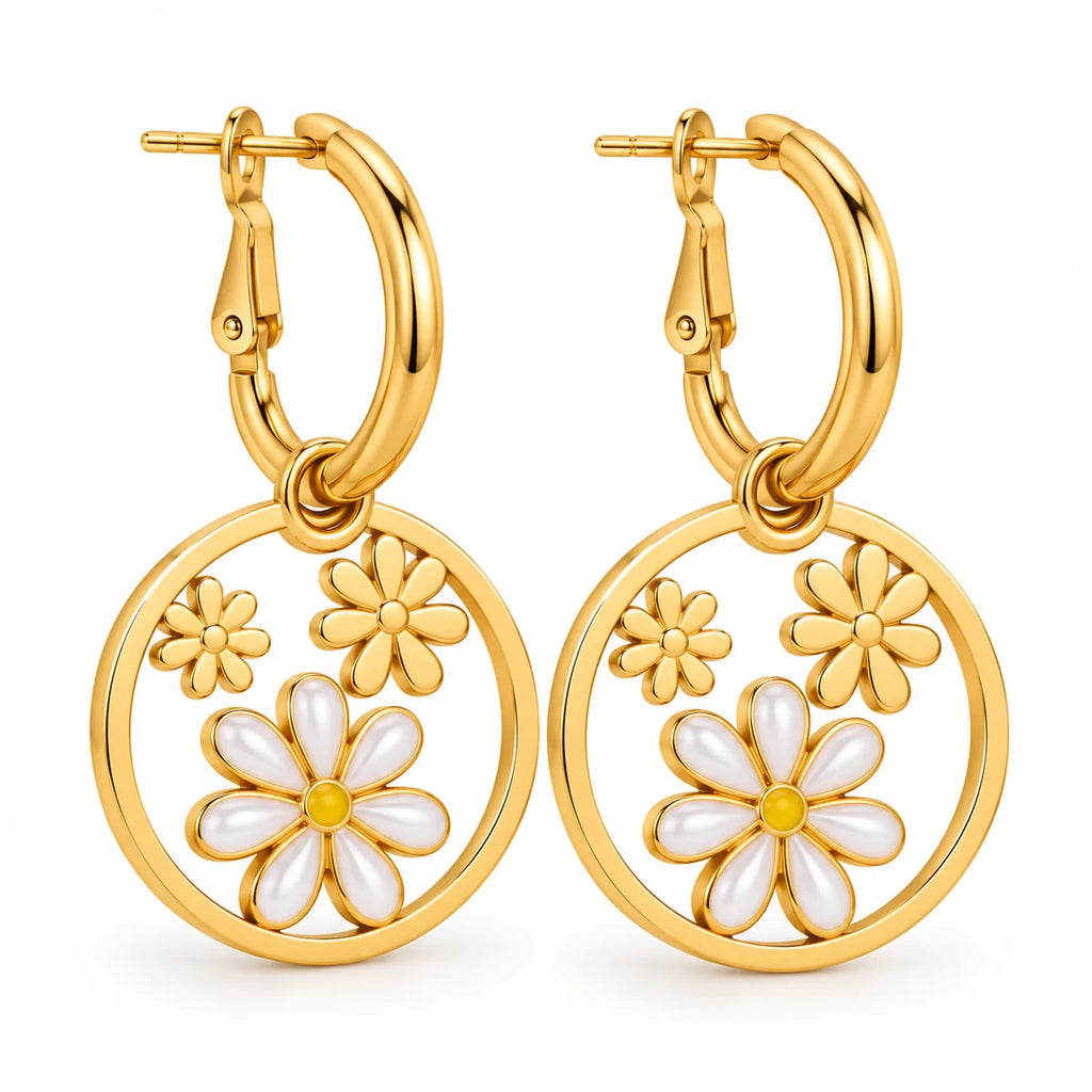 Gold Floral Pearl Hoop Earrings
