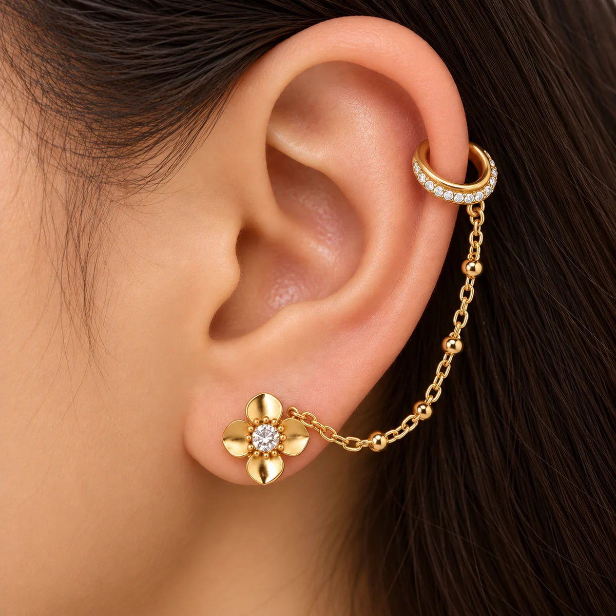 Zircon Flower Dainty Chain Ear Cuff