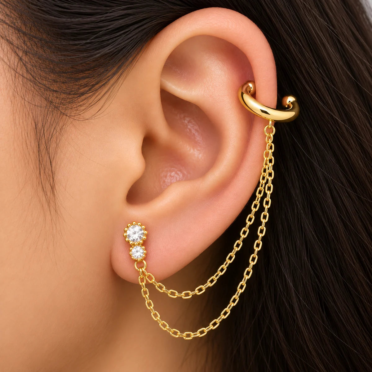 Layered Chain Gold Ear Cuff with Sparkling Studs