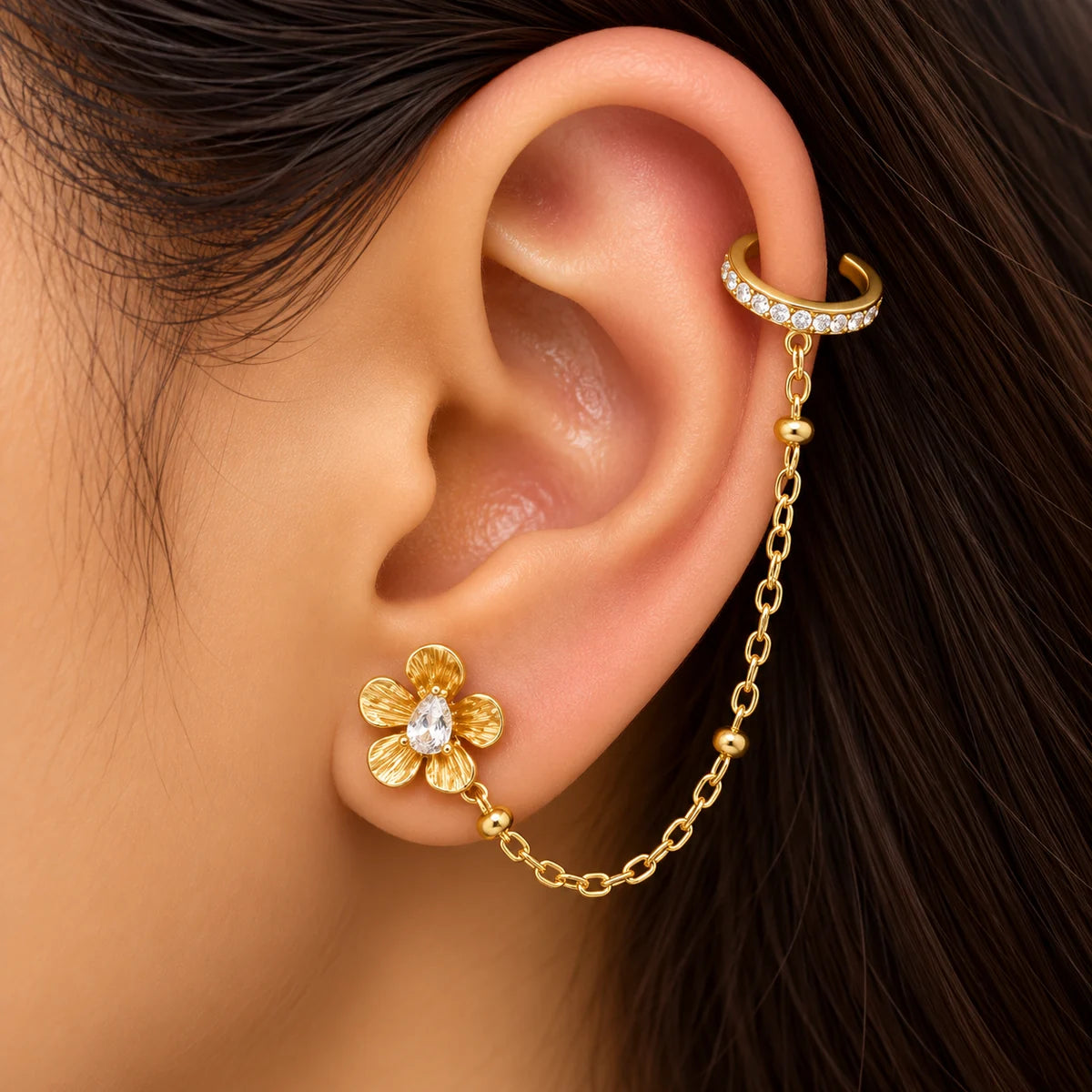 Pear Crystal Blossom Cartilage Chain Earring