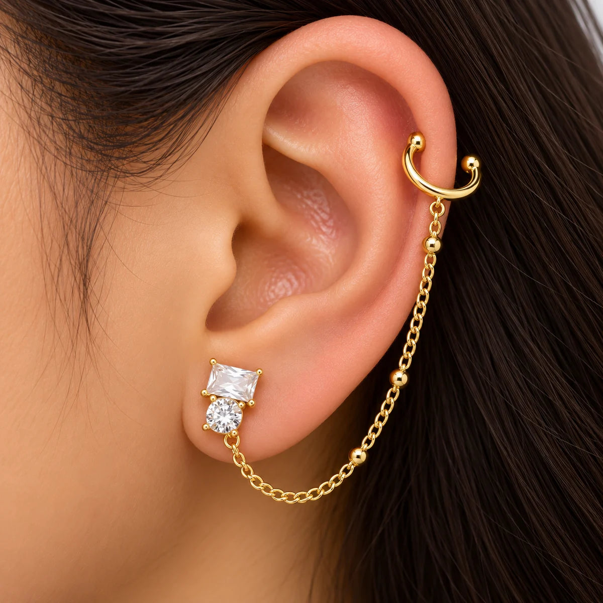 Gold Baguette and Round Crystal Chain Ear Cuff