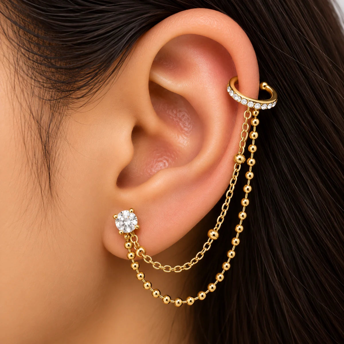 Radiant Solitaire Double Chain Cartilage Earring