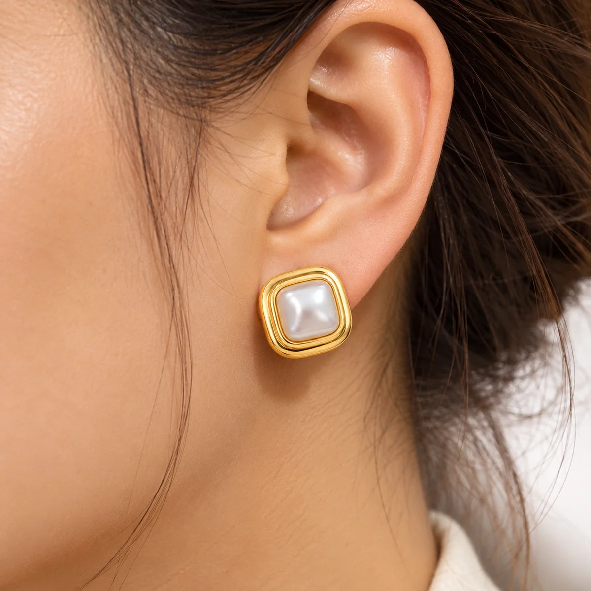 Gold Square Pearl Stud Earrings
