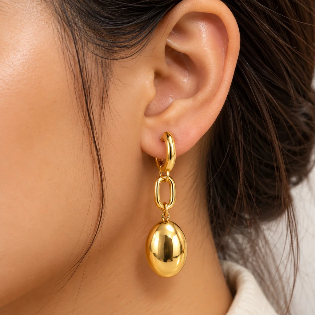 Gold Oval Drop Hoop Earrings